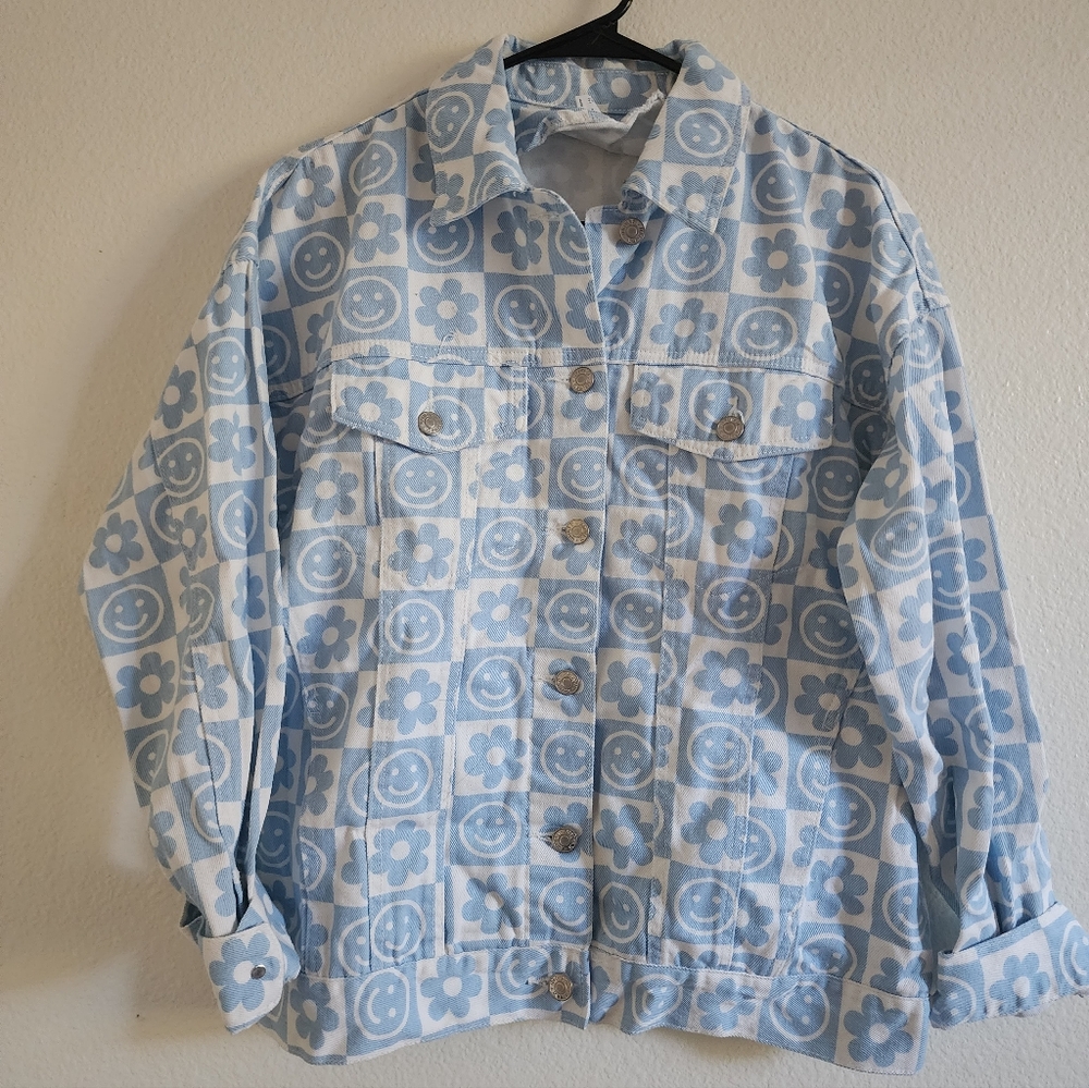 Forever21 Checkerboard Flower Smiley Jean Jacket NEW